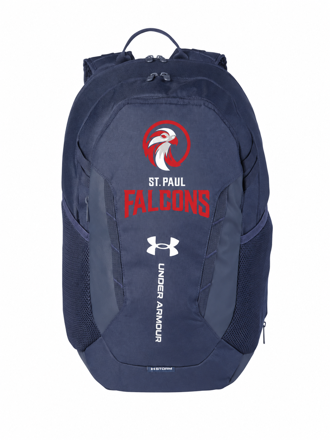 Navy Under Armour Hustle Team Backpack with the St. Paul Falcons logo on the front