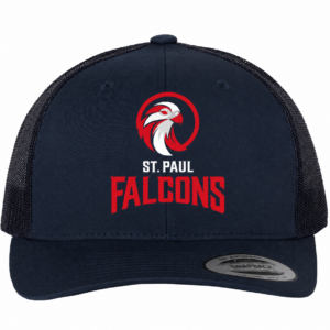 Navy trucker hat with a mesh back and the St. Paul Falcons logo on the front