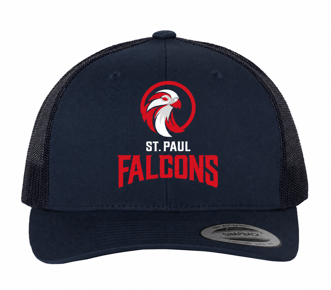 Navy trucker hat with a mesh back and the St. Paul Falcons logo on the front