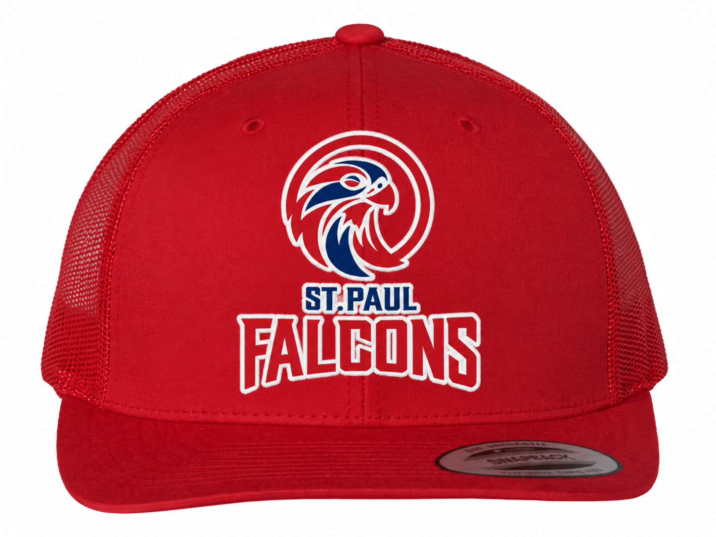 Red trucker hat with a mesh back and the St. Paul Falcons logo on the front