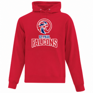 Red fleece pullover hoodie with the St. Paul Falcons logo on the chest