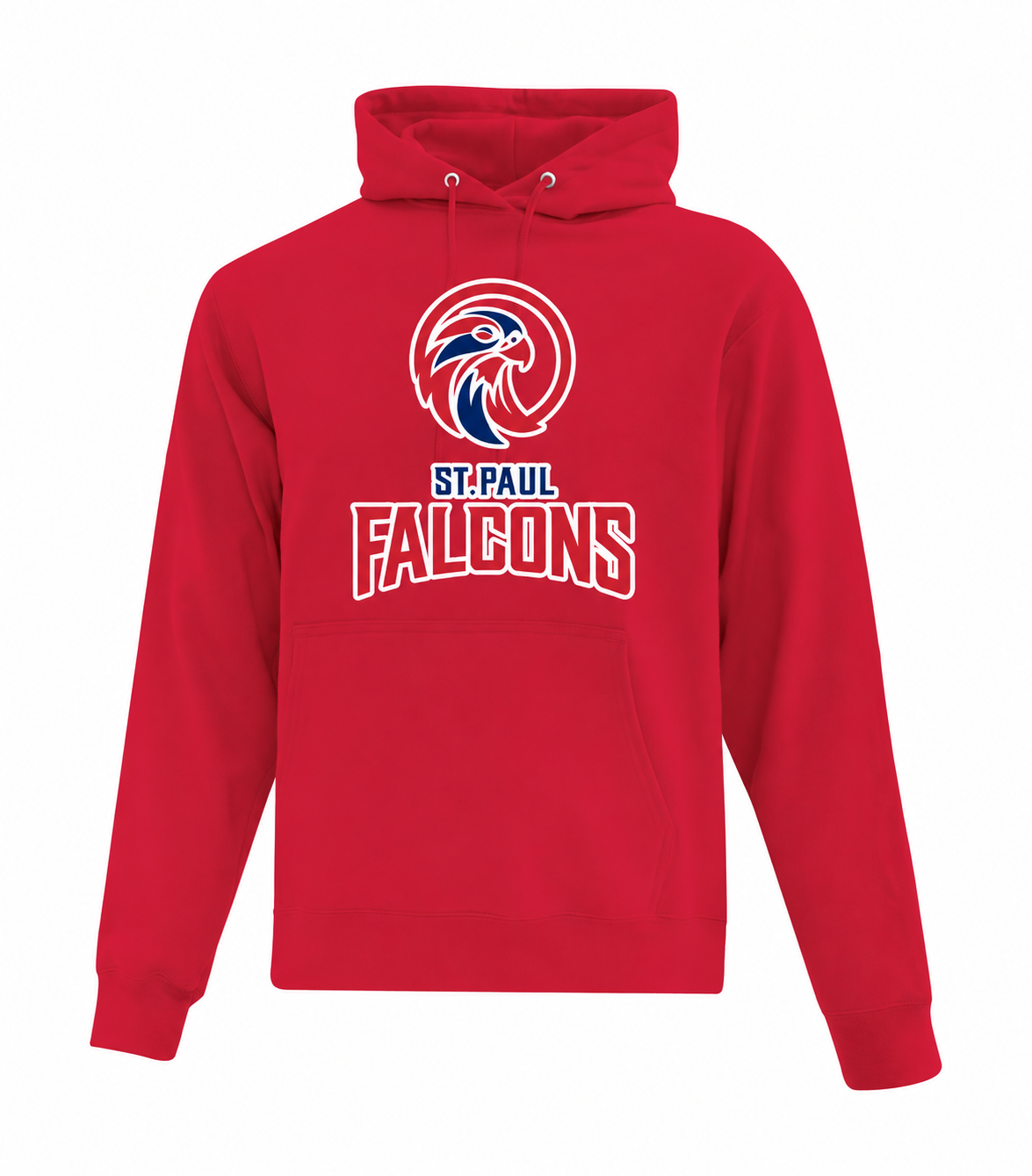Red fleece pullover hoodie with the St. Paul Falcons logo on the chest