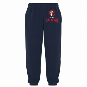 Navy fleece sweatpants with the St. Paul Falcons logo on the left thigh