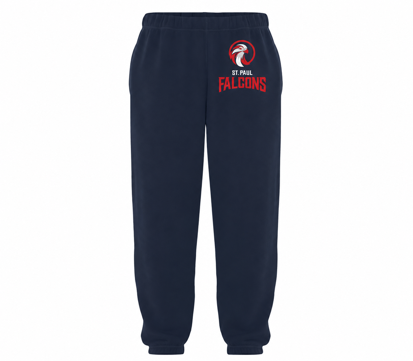 Navy fleece sweatpants with the St. Paul Falcons logo on the left thigh