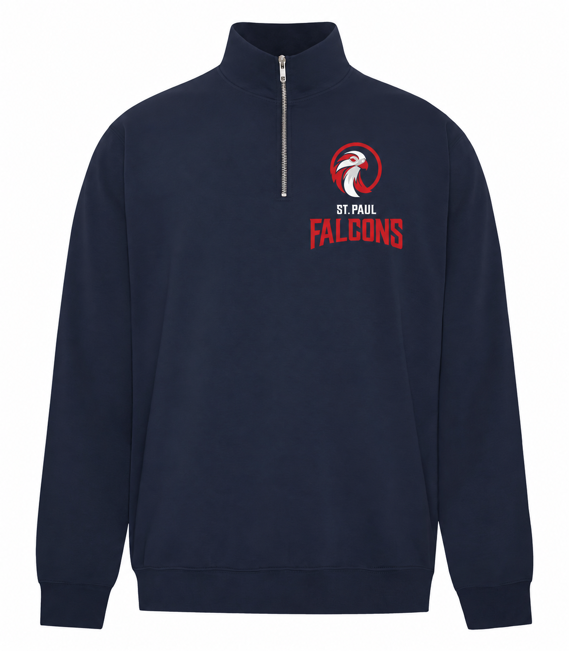 Navy fleece quarter-zip sweatshirt with the St. Paul Falcons logo on the left chest
