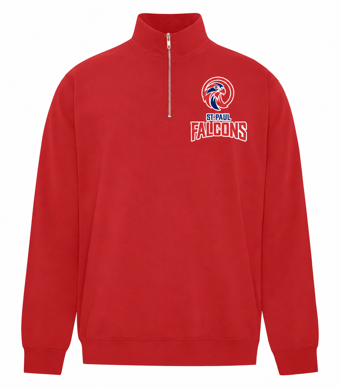Red fleece quarter-zip sweatshirt with the St. Paul Falcons logo on the left chest