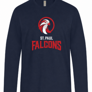 Navy long sleeve crewneck tee with the St. Paul Falcons logo on the chest