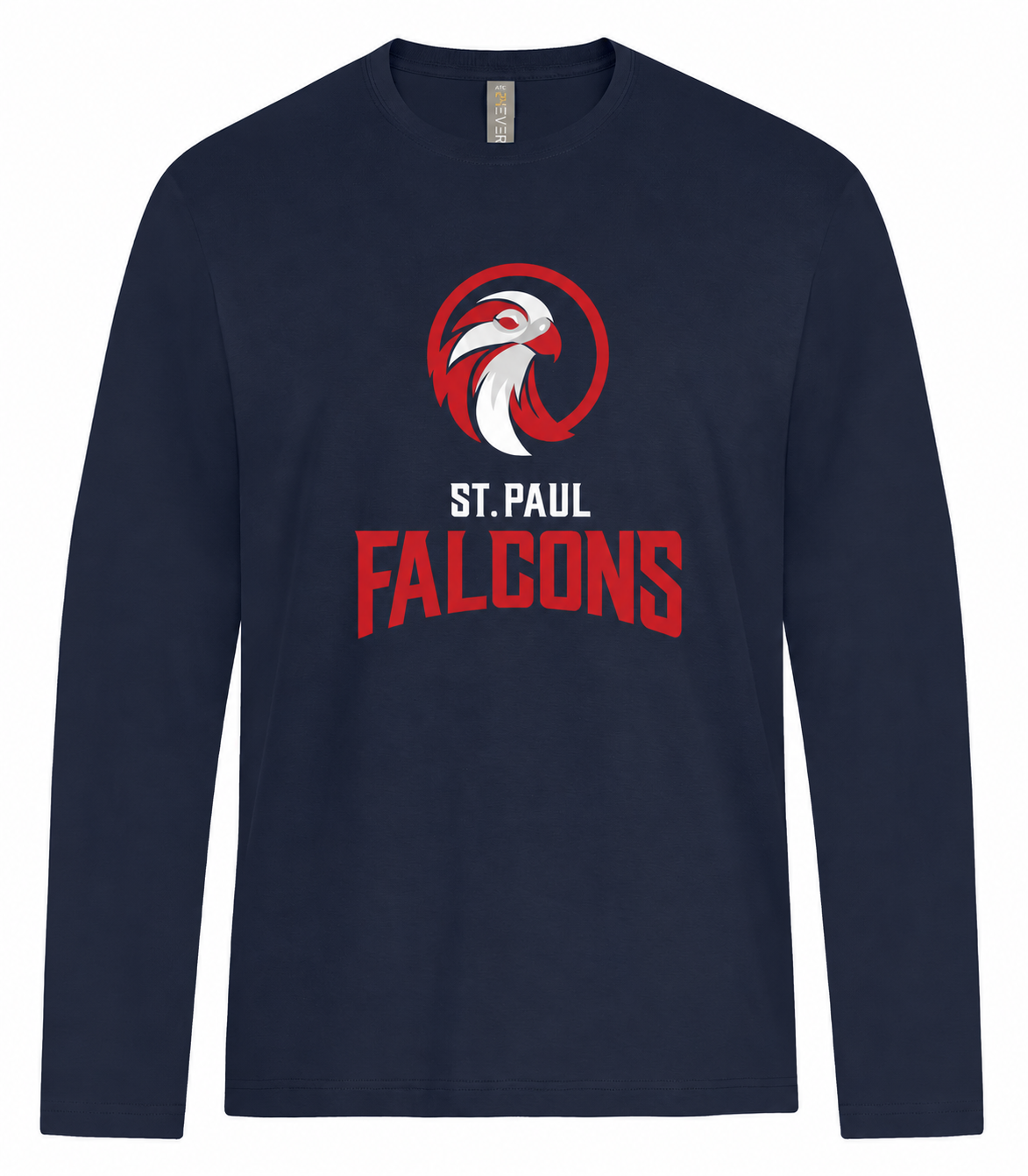 Navy long sleeve crewneck tee with the St. Paul Falcons logo on the chest